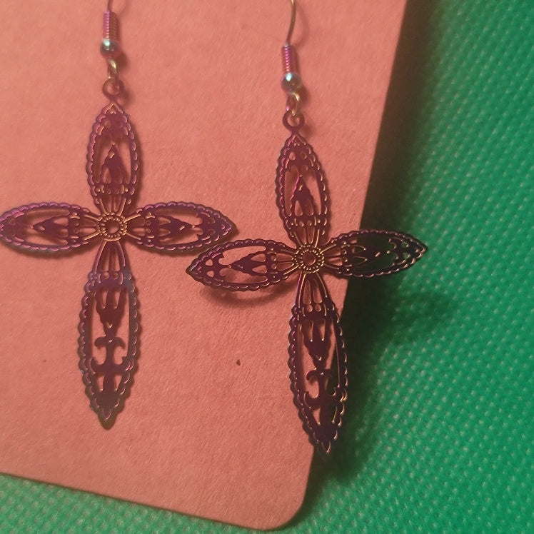 Metal Etched Cross Earrings