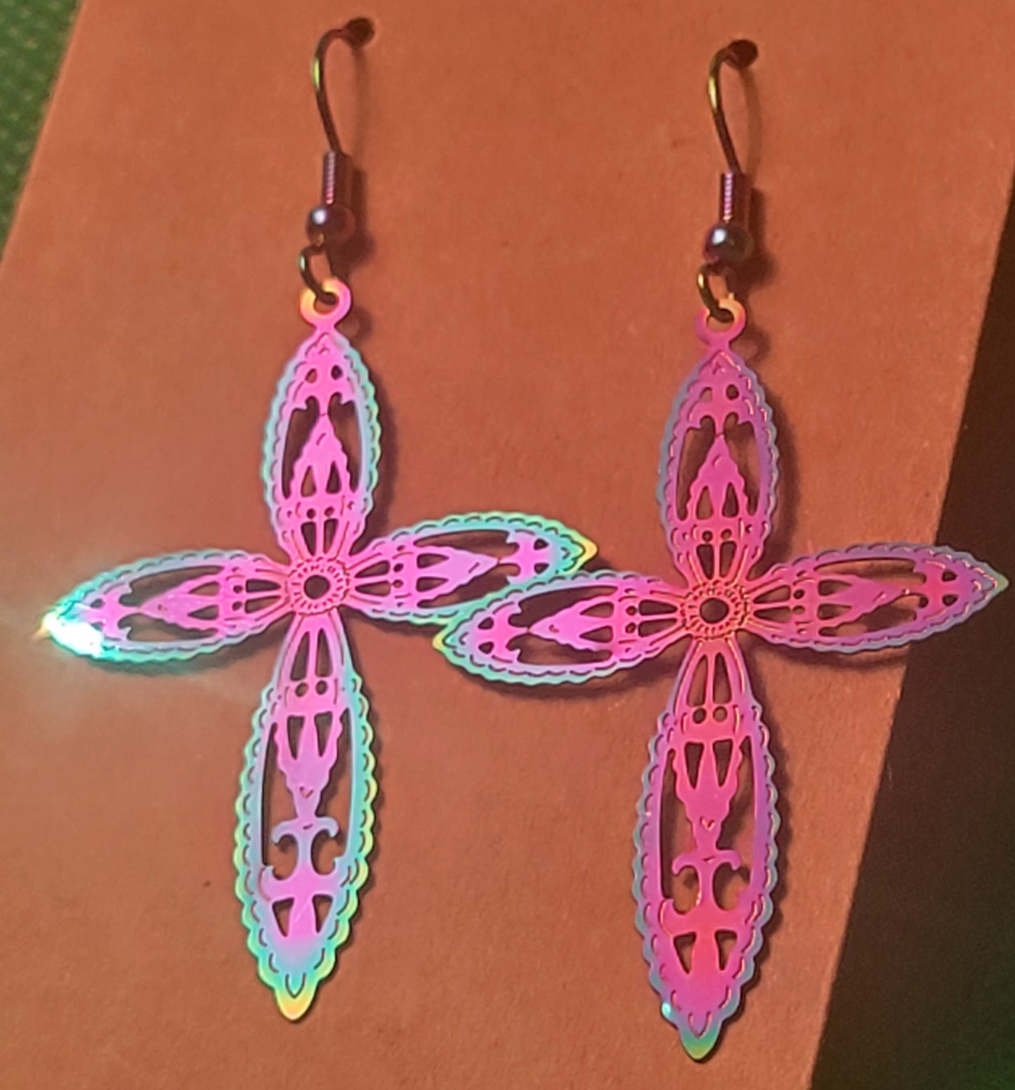 Metal Etched Cross Earrings