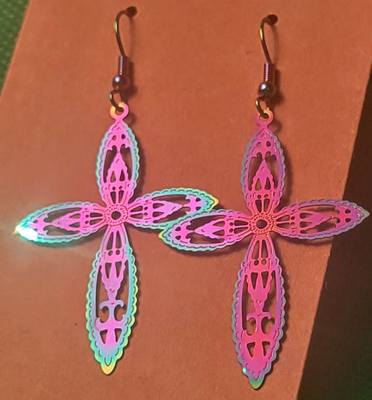 Metal Etched Cross Earrings